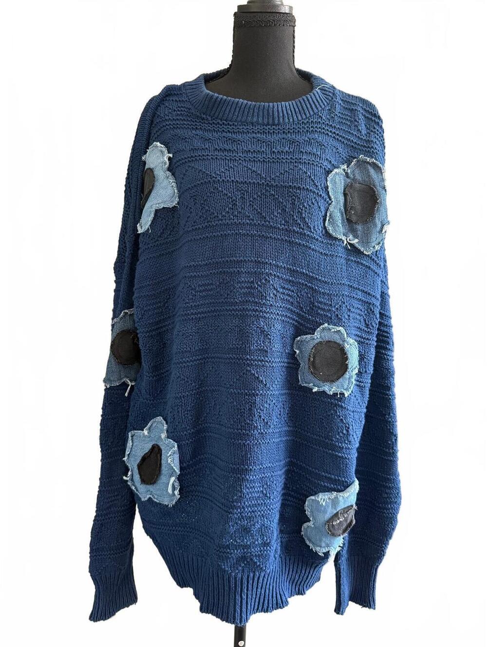 Windsor Shirt Company Blue Knit Sweater with Denim Patch Flower Appliques, Large